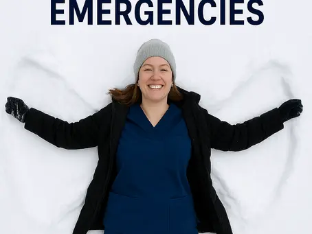 Grace from Saving Grace Medical Academy making a snow angel outdoors with the title ‘Cold-Related Medical Emergencies,’ representing winter hazards like frostbite, hypothermia, and the importance of BLS training for nursing students.