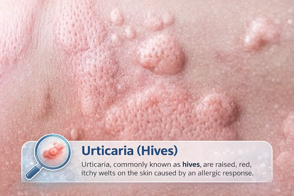 Close-up medical illustration of urticaria (hives) showing raised red welts on the skin, highlighting allergic reaction symptoms for nursing and first aid training by Saving Grace Medical Academy.