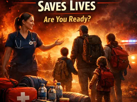 Nurse guiding a family with emergency kits during evacuation in a disaster scenario, highlighting emergency preparedness, survival planning, and family safety in Edmonton