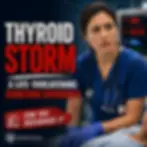 Educational thyroid storm infographic showing a concerned nurse assessing a critically ill patient in an emergency setting. The graphic highlights Thyroid Storm as a life-threatening endocrine emergency and asks healthcare professionals, "Can You Recognize It?" Designed for nursing students learning to identify severe hyperthyroidism, endocrine emergencies, patient deterioration, cardiovascular complications, and emergency nursing assessment. Educational resource from Saving Grace Medical Academy.