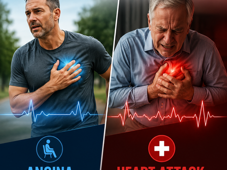 Medical infographic comparing angina vs heart attack symptoms, showing chest pain warning signs, emergency response information, and cardiovascular assessment for nursing students.