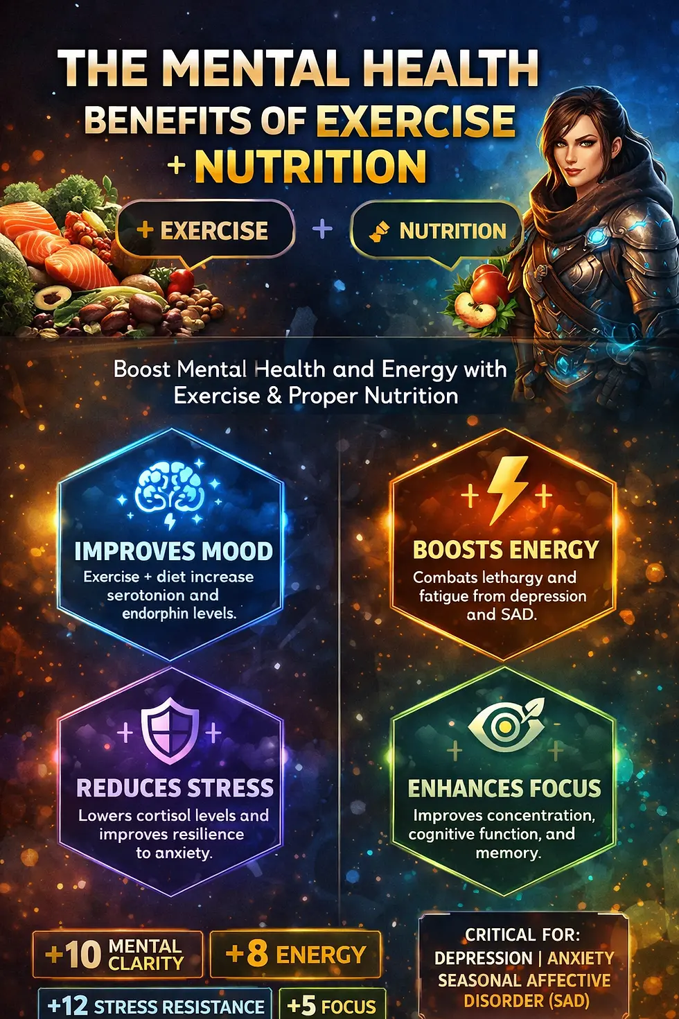 Infographic showing mental health benefits of exercise and nutrition for nursing students and healthcare professionals in Edmonton, improving mood, energy, and stress resilience.