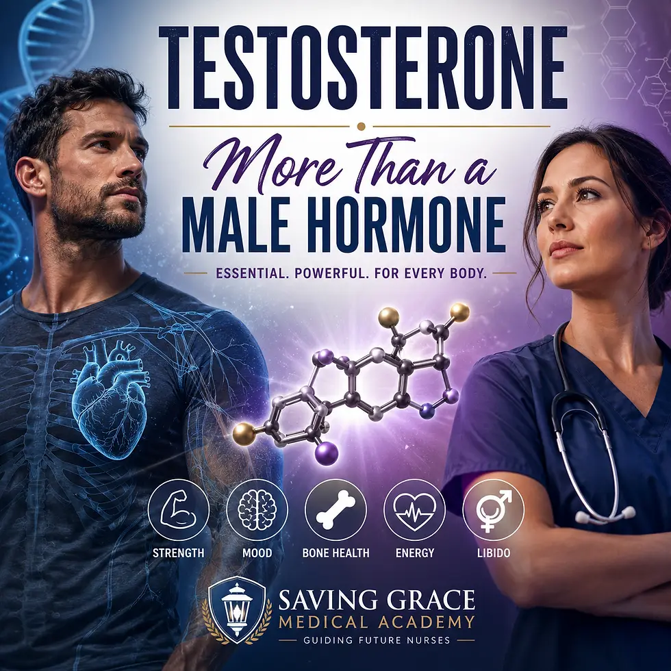 Hero graphic showing a man and female healthcare professional beside a testosterone molecule, highlighting testosterone's role in muscle strength, mood, bone health, energy, and overall hormone function in both men and women.