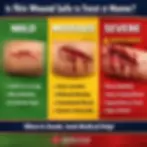 Step-by-step infographic showing how to clean a wound properly, including hand washing, bleeding control, irrigation with saline, antiseptic use, and dressing application for infection prevention.