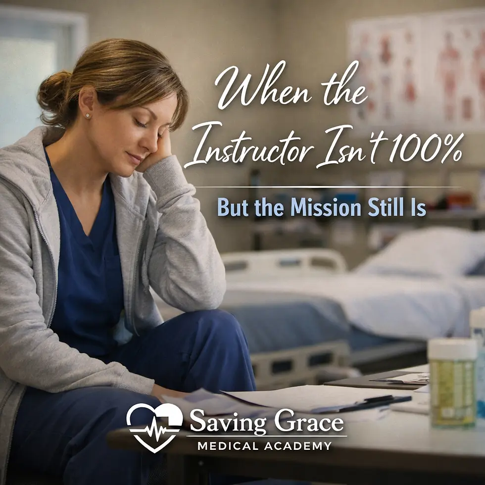 Healthcare instructor resting in a medical training classroom during migraine recovery, highlighting brain fog awareness and professional self-care at Saving Grace Medical Academy