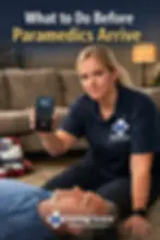 IRL scene of a first aid responder from Saving Grace Medical Academy in a living room calling 911 while assessing an unconscious patient on the floor, demonstrating what to do before paramedics arrive during a home medical emergency and the importance of First Aid and BLS training.