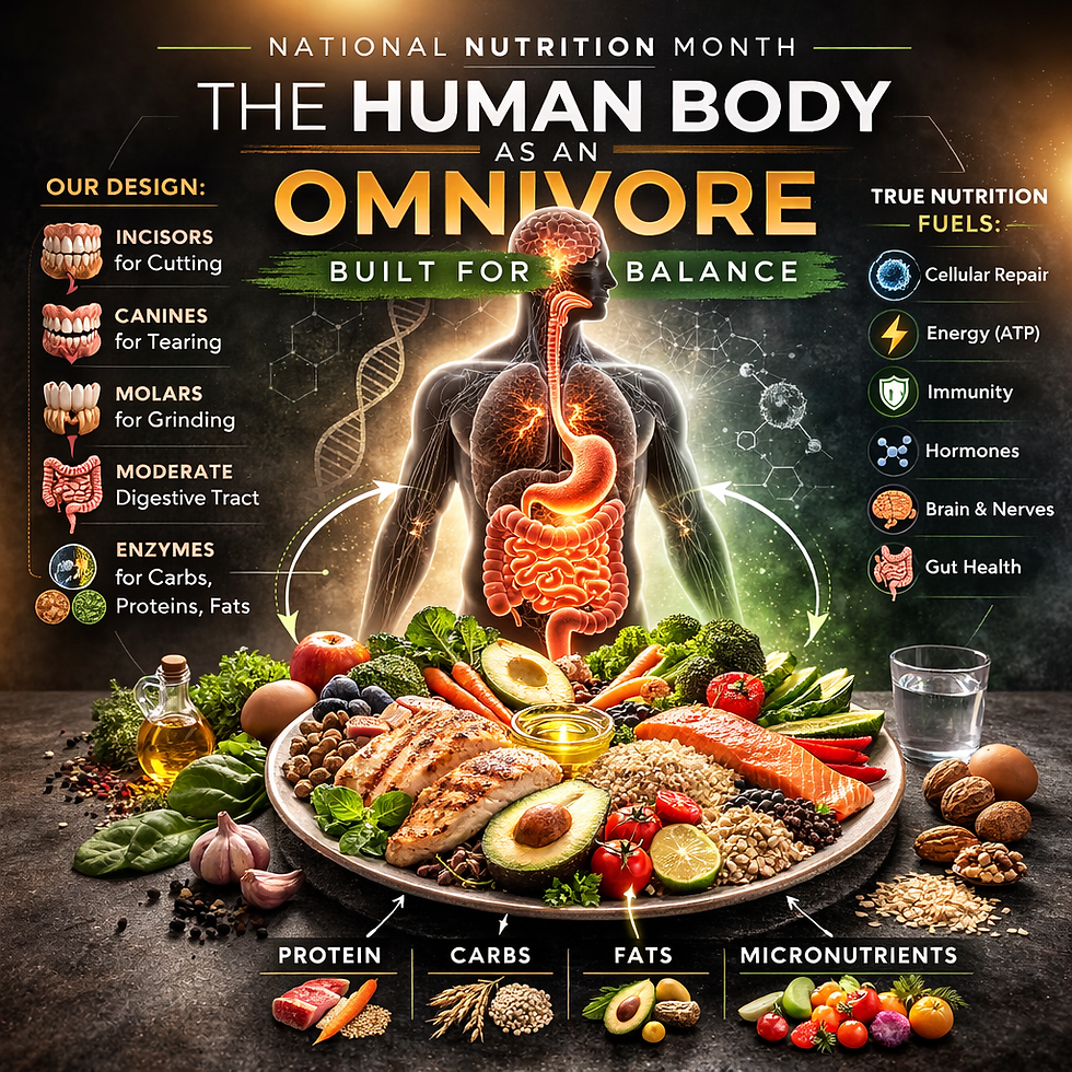 Medical infographic for National Nutrition Month showing the human digestive system and balanced whole foods, explaining how the human body functions as an omnivore and why balanced nutrition supports cellular repair, metabolism, immune function, and overall health — Saving Grace Medical Academy Edmonton.