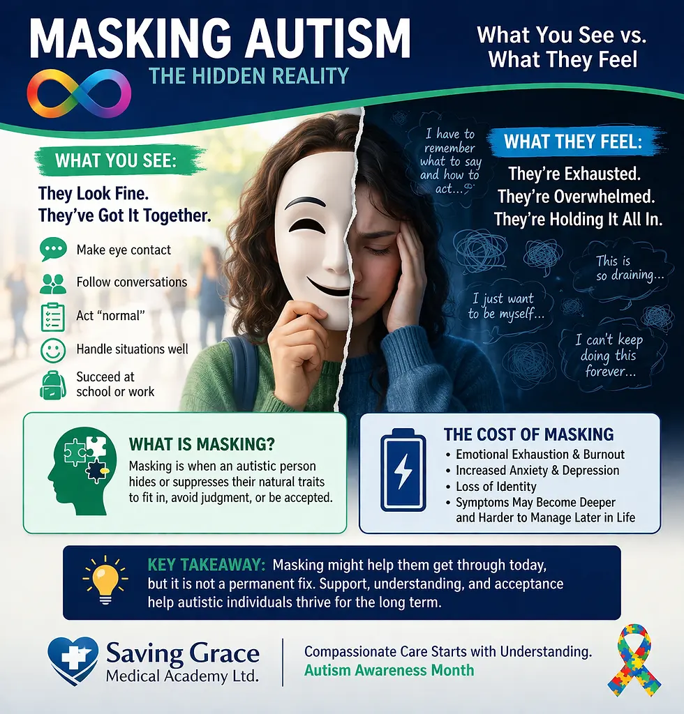 Autism masking infographic showing what you see vs what they feel, highlighting hidden emotional exhaustion and burnout for nursing students learning autism awareness at Saving Grace Medical Academy.