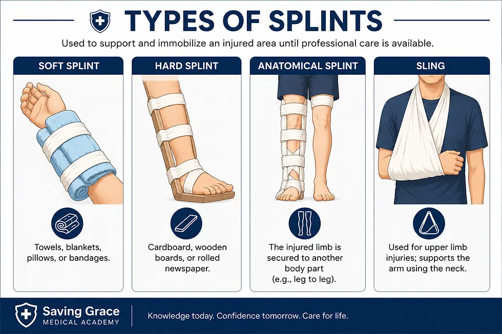 How to apply a splint and sling for first aid. infographic showing types of splints including soft hard anatomical and sling splints for first aid injury immobilization at Saving Grace Medical Academy