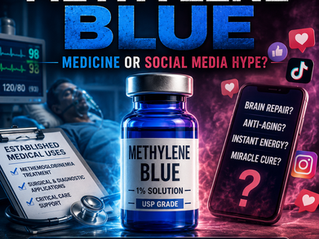 Graphic for a nursing education article on methylene blue showing a pharmaceutical vial between established medical uses and social media claims. The image highlights evidence-based medicine, mitochondrial research, neurological health, medication safety, and critical appraisal of scientific evidence.