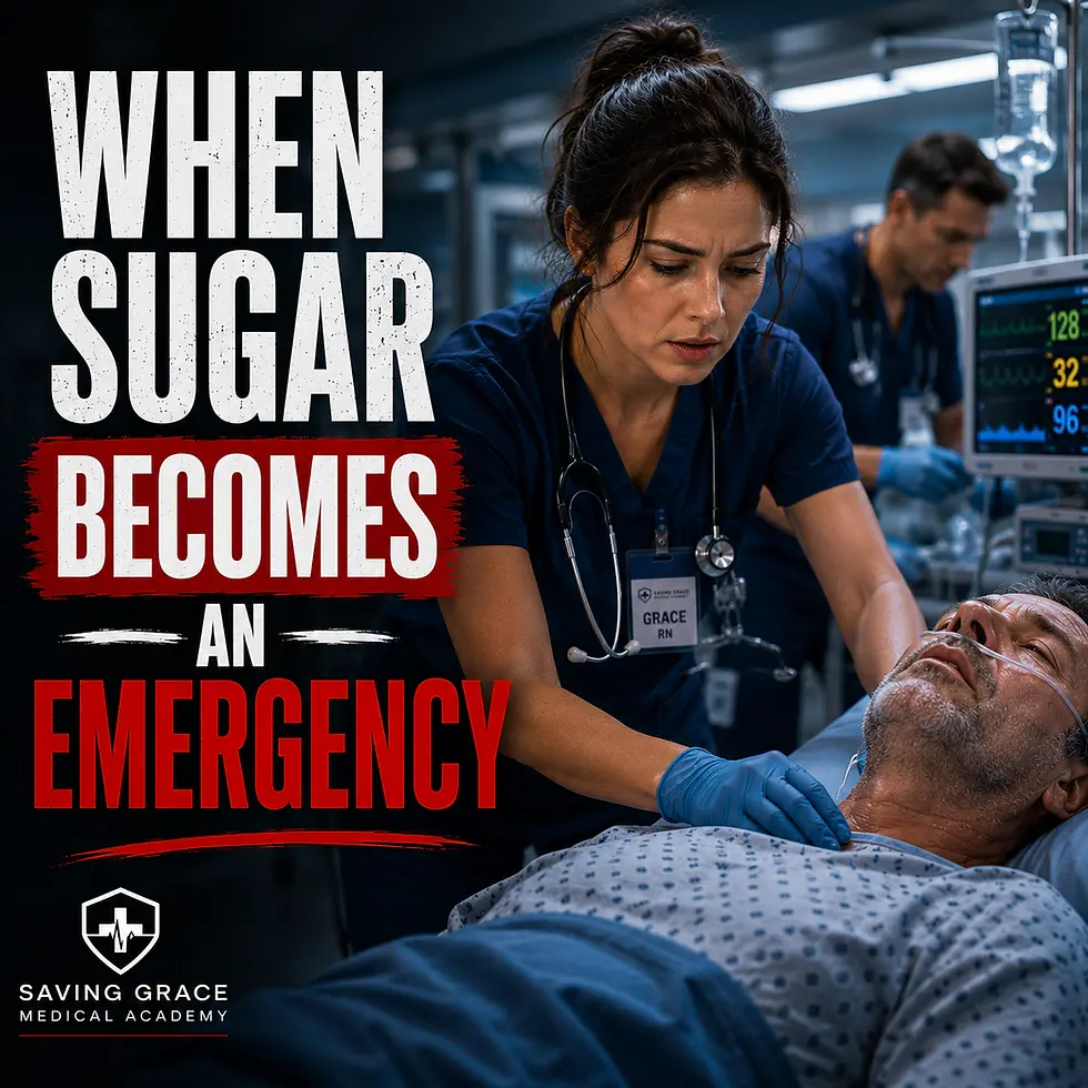 Educational diabetic emergency graphic showing a registered nurse urgently assessing a critically ill patient in an emergency department. The image introduces the concept of diabetic emergencies with the headline "When Sugar Becomes an Emergency" and supports nursing education on hypoglycemia, hyperglycemia, Diabetic Ketoacidosis (DKA), Hyperosmolar Hyperglycemic State (HHS), emergency patient assessment, first aid, and endocrine emergencies. Educational resource from Saving Grace Medical Academy.