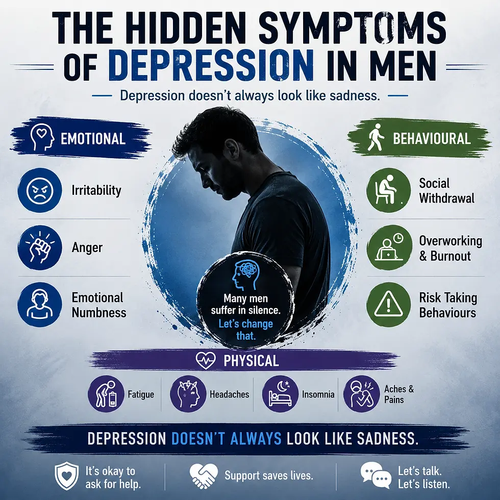 Educational infographic for nursing students showing the hidden symptoms of depression in men. Graphic highlights emotional symptoms such as irritability, anger, and emotional numbness, behavioural symptoms including social withdrawal, overworking, and risk-taking behaviours, and physical symptoms such as fatigue, headaches, insomnia, and chronic aches. Men's mental and physical health awareness resource promoting early recognition of depression and mental health support.