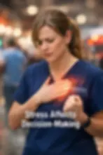 A healthcare instructor from Saving Grace Medical Academy experiencing visible stress, illustrating how stress affects decision-making during medical emergencies and the importance of emergency response training.