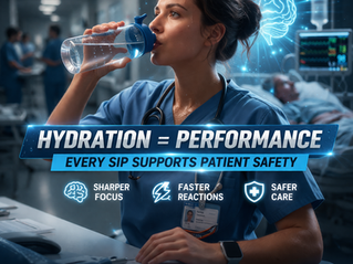 Nurse drinking water during hospital shift to maintain hydration, improve focus, and support patient safety—promoting clinical performance in healthcare professionals through proper hydration habits.