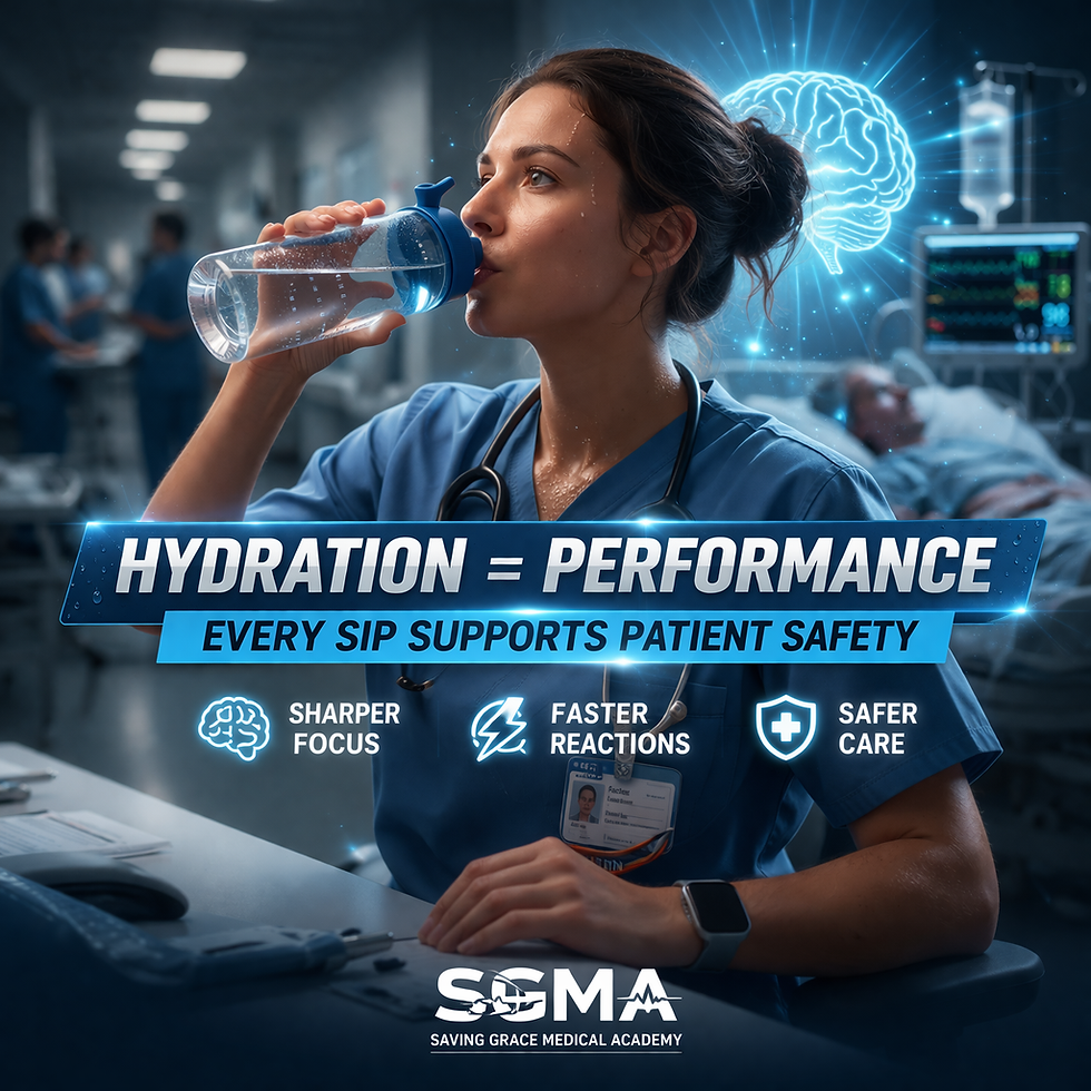 Nurse drinking water during hospital shift to maintain hydration, improve focus, and support patient safety—promoting clinical performance in healthcare professionals through proper hydration habits.