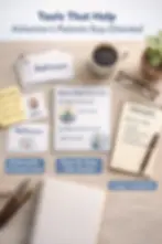 Flat lay image of Alzheimer’s caregiver tools including flashcards, step-by-step task guides, and a trigger notebook used to support patient orientation and reduce agitation.