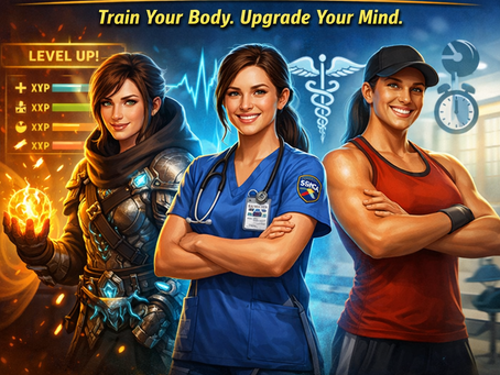 Gamified fitness concept showing a single individual as a video game character, female nurse with SGMA shoulder patch, and fitness trainer representing exercise as leveling up mental health, energy, and stress resistance for healthcare professionals.