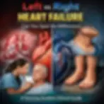 Medical illustration comparing left vs right heart failure showing pulmonary edema in the lungs, peripheral edema in the legs, and a nurse assessing a patient — nursing assessment guide from Saving Grace Medical Academy.