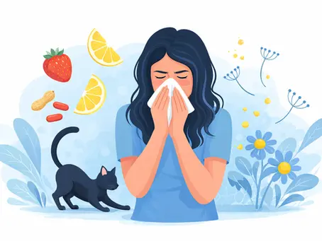 Illustration of a person experiencing an allergic reaction with common triggers like food, pollen, and pet dander, highlighting symptoms for nursing and first aid education by Saving Grace Medical Academy.