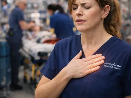 A healthcare instructor from Saving Grace Medical Academy experiencing visible stress, illustrating how stress affects decision-making during medical emergencies and the importance of emergency response training.