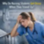 Female nursing student experiencing dizziness while standing in hospital setting, demonstrating orthostatic hypotension symptoms and low blood pressure response relevant to nursing education at Saving Grace Medical Academy.