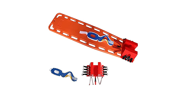 Spine board and cervical collar used for spinal motion restriction in emergency first aid situations where spinal injury is suspected.