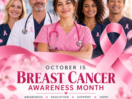 Five healthcare professionals wearing pink breast cancer awareness ribbons, with a large pink ribbon and Breast Cancer Awareness Month message.