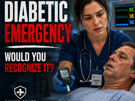 Educational diabetic emergency hero graphic showing a registered nurse assessing a confused patient while checking blood glucose with a glucometer in a hospital setting. The graphic asks "Would You Recognize It?" and introduces diabetic emergency recognition, first aid, hypoglycemia, hyperglycemia, Diabetic Ketoacidosis (DKA), Hyperosmolar Hyperglycemic State (HHS), emergency nursing assessment, and patient deterioration. Educational resource from Saving Grace Medical Academy.
