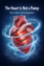An anatomical illustration showing the human heart’s spiral muscle fibers and vortex blood flow, explaining cardiac torsion and heart function for nursing students.