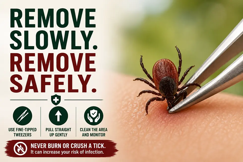 Medical infographic demonstrating safe tick removal with tweezers on human skin, including proper first aid steps to reduce Lyme disease and tick-borne infection risk from Saving Grace Medical Academy.