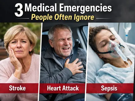 Split image showing three medical emergencies people ignore, including stroke symptoms, heart attack warning signs, and sepsis in a hospital patient.