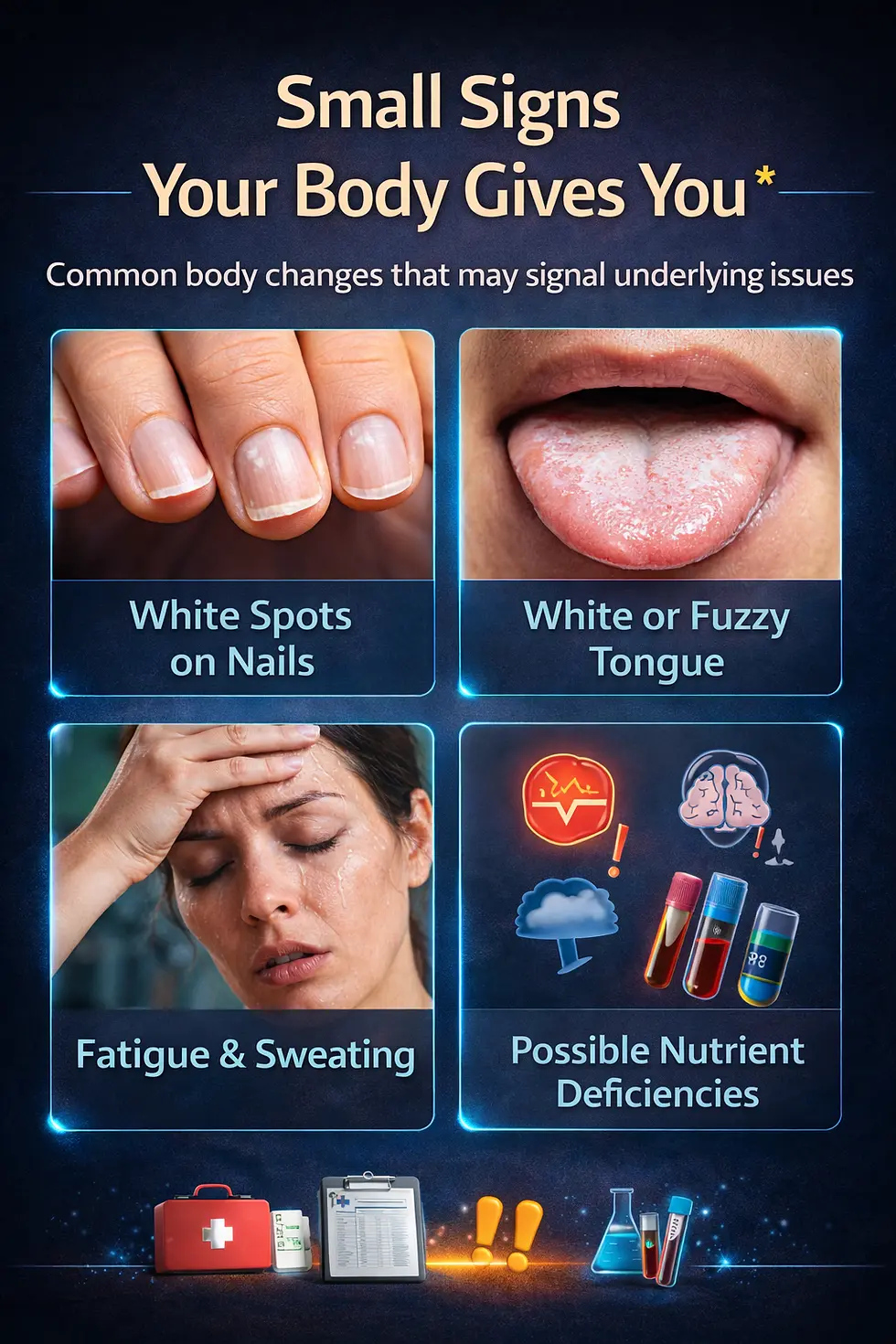 Medical educational infographic showing everyday body clues including white spots on fingernails, white coated tongue, fatigue and sweating, and possible nutrient deficiencies to help nursing students recognize early warning signs.