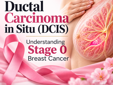 Medical awareness graphic titled “Ductal Carcinoma in Situ (DCIS): Understanding Stage 0 Breast Cancer,” featuring an anatomical breast illustration, pink awareness ribbon, and Saving Grace Medical Academy branding.