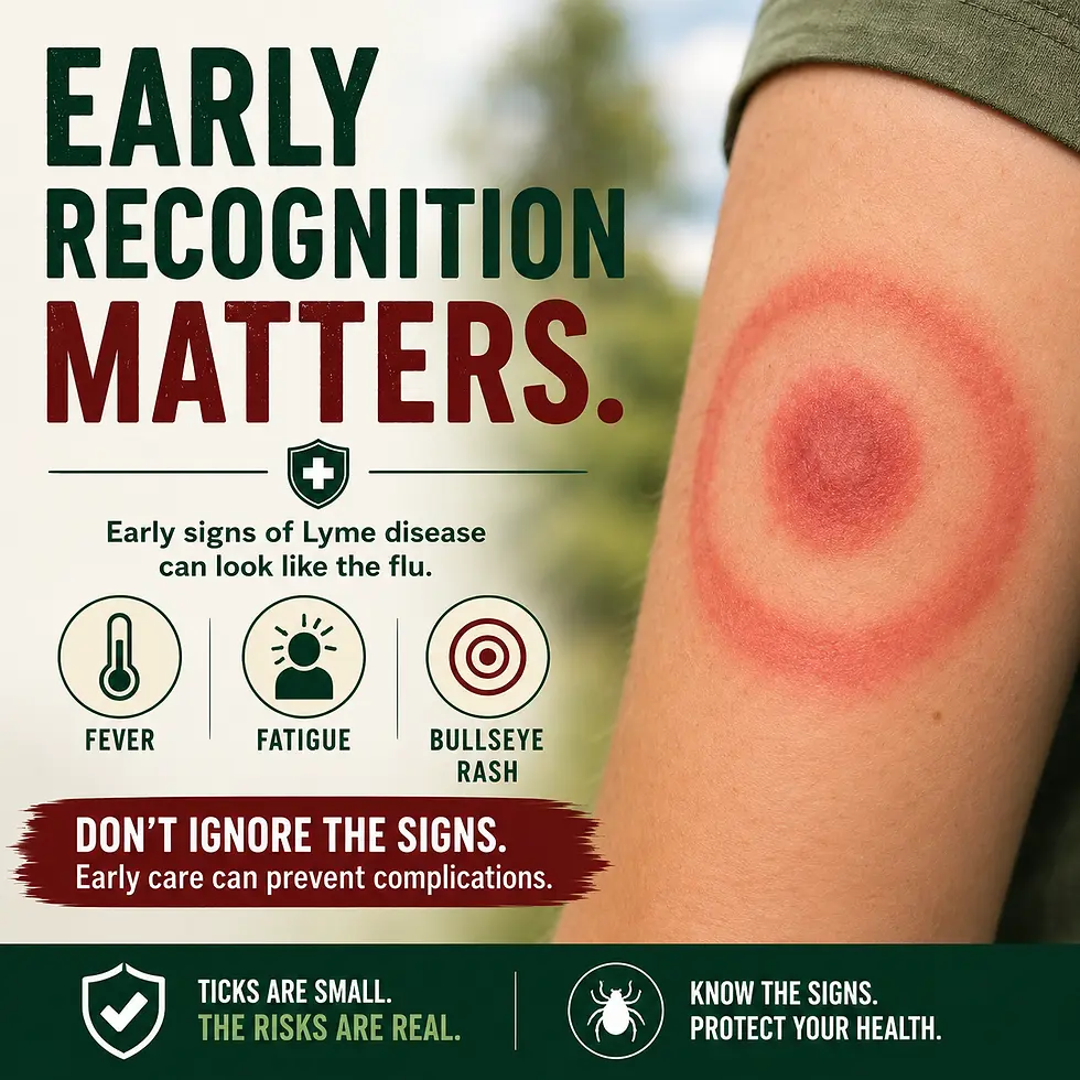 Medical awareness infographic showing early Lyme disease symptoms including fever, fatigue, and bullseye rash on the skin after a tick bite, promoting early recognition and tick-borne illness prevention from Saving Grace Medical Academy.