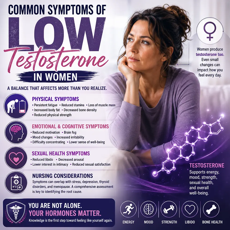 Medical graphic showing a woman with information about common symptoms of low testosterone in women, including fatigue, reduced strength, brain fog, mood changes, low libido, and decreased overall well-being.