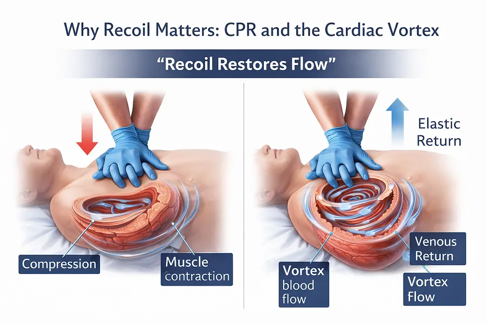 A side-by-side illustration showing CPR chest compression and full recoil, demonstrating how recoil restores venous return and vortex blood flow during resuscitation.