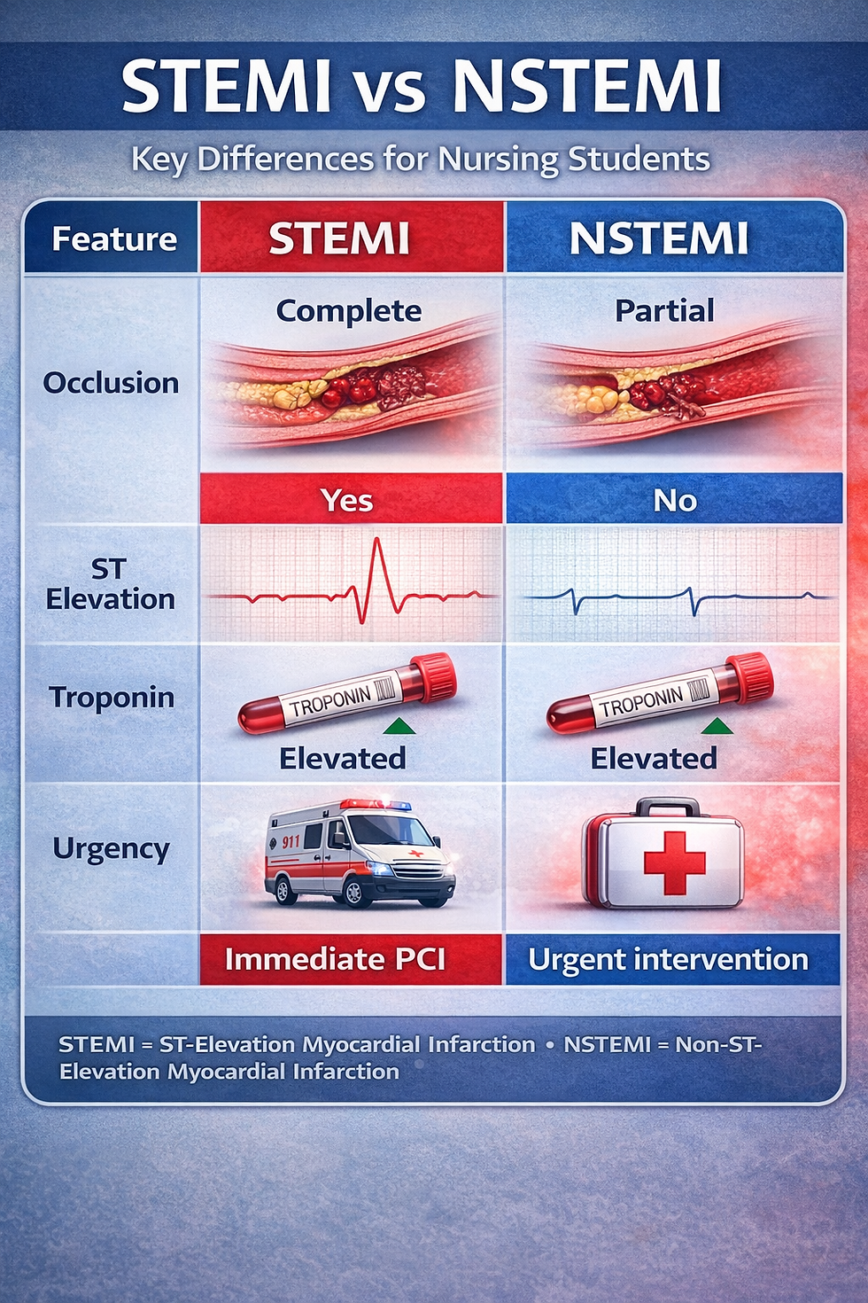 Side-by-side STEMI vs NSTEMI comparison chart showing complete versus partial coronary occlusion, ST elevation changes on ECG, elevated troponin levels, and urgency of intervention for nursing students at Saving Grace Medical Academy.