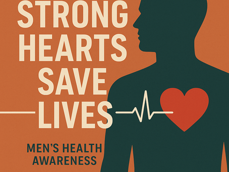Silhouette of a man with a glowing heart and ECG line promoting Men’s Health Awareness Month. Text reads “Strong Hearts Save Lives” with Saving Grace Medical Academy branding.