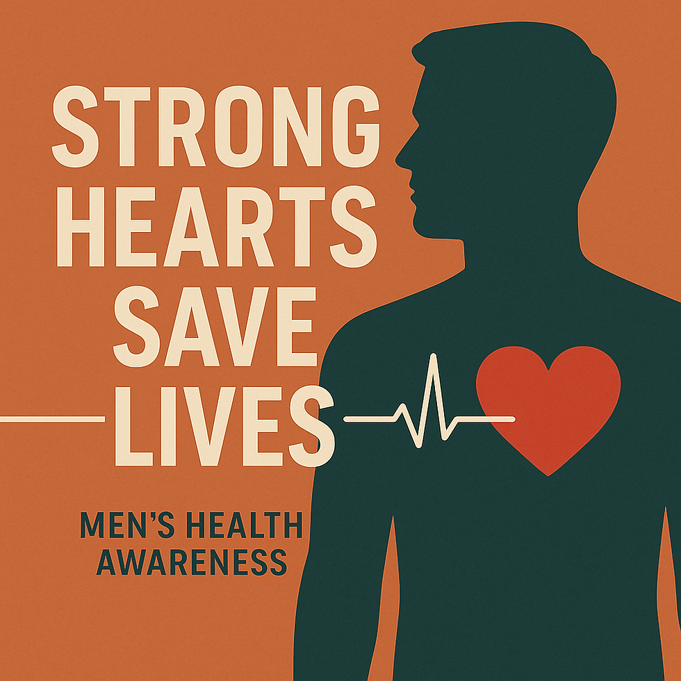 Silhouette of a man with a glowing heart and ECG line promoting Men’s Health Awareness Month. Text reads “Strong Hearts Save Lives” with Saving Grace Medical Academy branding.