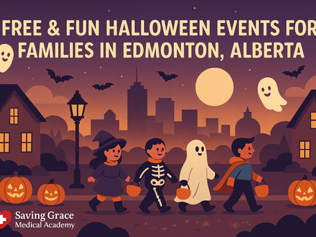Children in Halloween costumes trick-or-treating through an Edmonton neighborhood at dusk with glowing pumpkins, bats, and ghosts above the city skyline. Text reads ‘Free & Fun Halloween Events for Families in Edmonton, Alberta,’ with the Saving Grace Medical Academy logo in the corner.