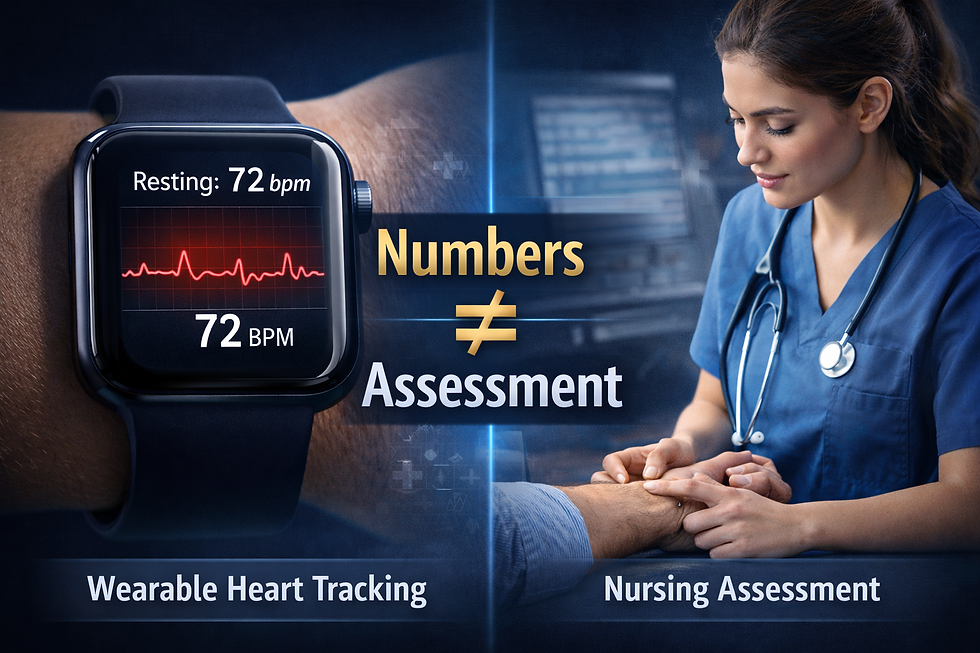 Split image comparing a smartwatch displaying a resting heart rate of 72 bpm with a nurse performing a clinical pulse assessment, showing that heart rate numbers require nursing interpretation.