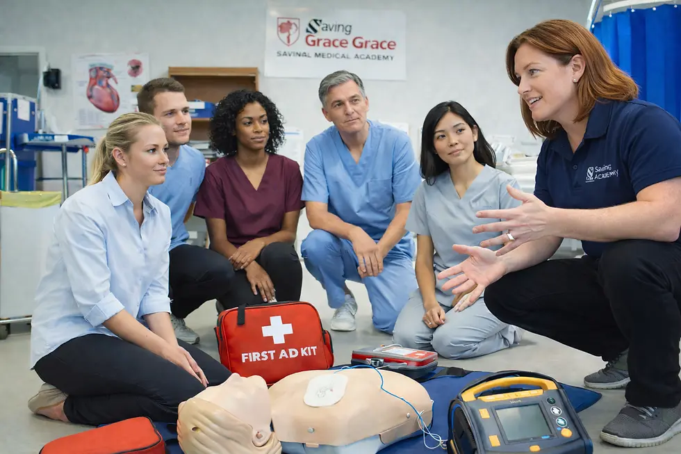 Female instructor teaching CPR and first aid to adult students during hands-on training at Saving Grace Medical Academy, with AED and CPR manikin used for First Aid, BLS, and ACLS certification in Edmonton.