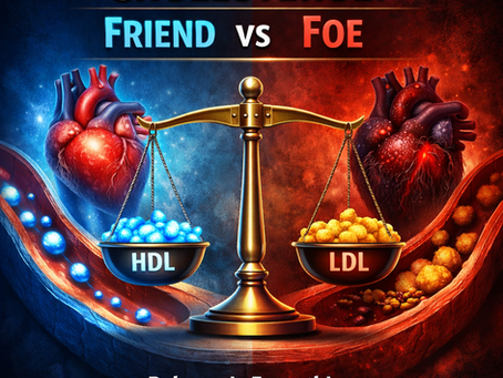 Cholesterol friend vs foe graphic showing HDL vs LDL balance with healthy vs clogged arteries, illustrating heart disease risk and prevention for CPR and BLS awareness by Saving Grace Medical Academy