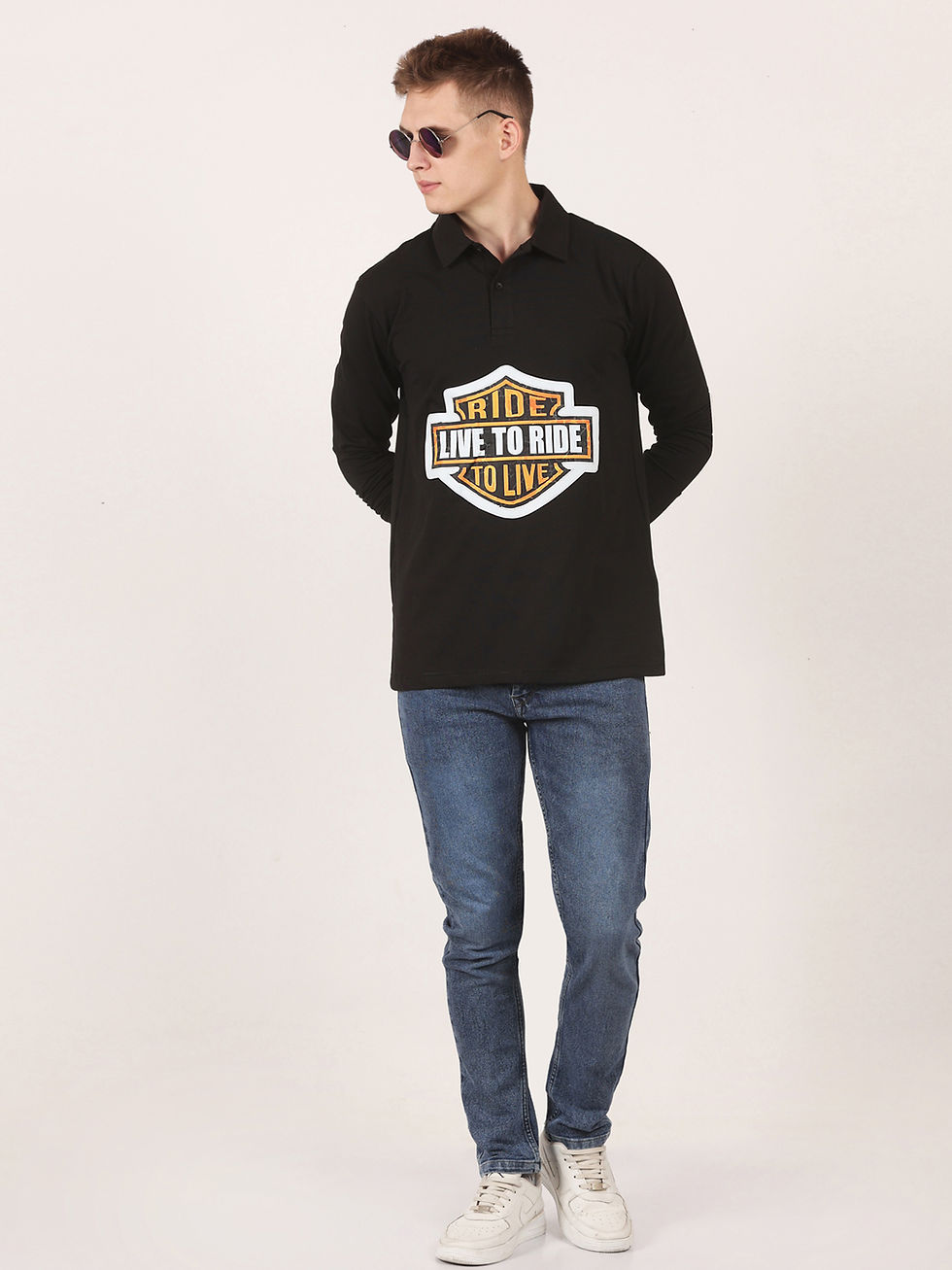 Thumbnail: Casual Tees Ride to Live Biker T-shirt Full Sleeve Black