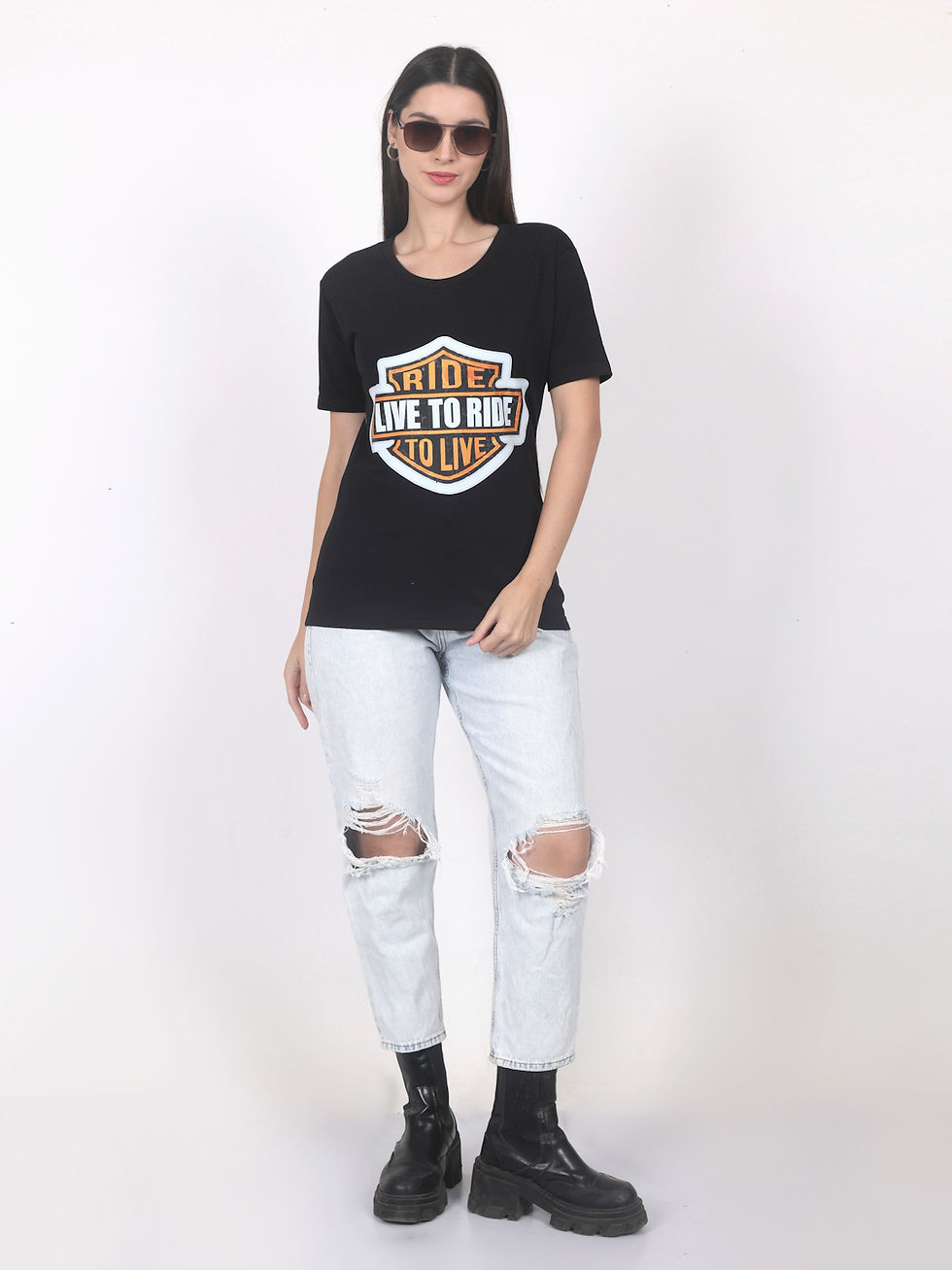 Thumbnail: Live to Ride Cotton T-Shirt, Black,  Relaxed Fit,Women Biker Tee