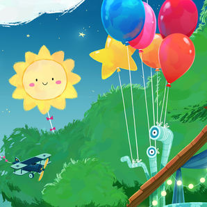 Fun-shaped balloons and a toy airplane, closeup of My Dream House illustration by Fanny Berthiaume.