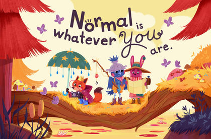 3 quirky animal friends crossing a river, personal illustration by Fanny Berthiaume.