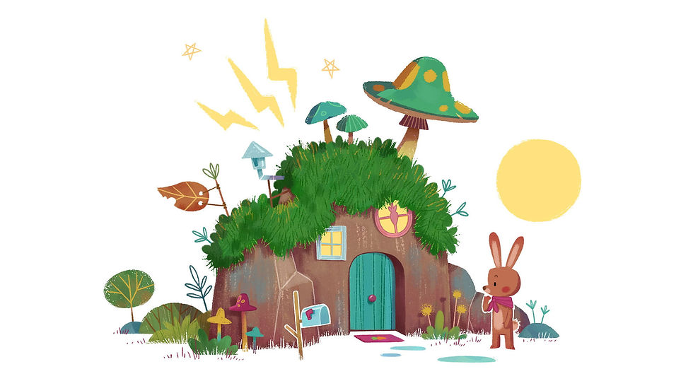 Rabbit is staring at his house. From a short story illustrated by Fanny Berthiaume.