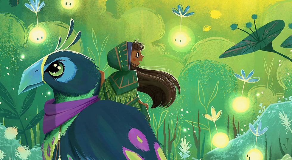 Closeup of a young girl riding a majestic bird. Artwork by Fanny Berthiaume for the Fiera Capital Art Show in Toronto.