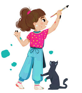 Girl painting with cat vignette artwork by Fanny Berthiaume for Chickadee magazine, March 2025 issue.